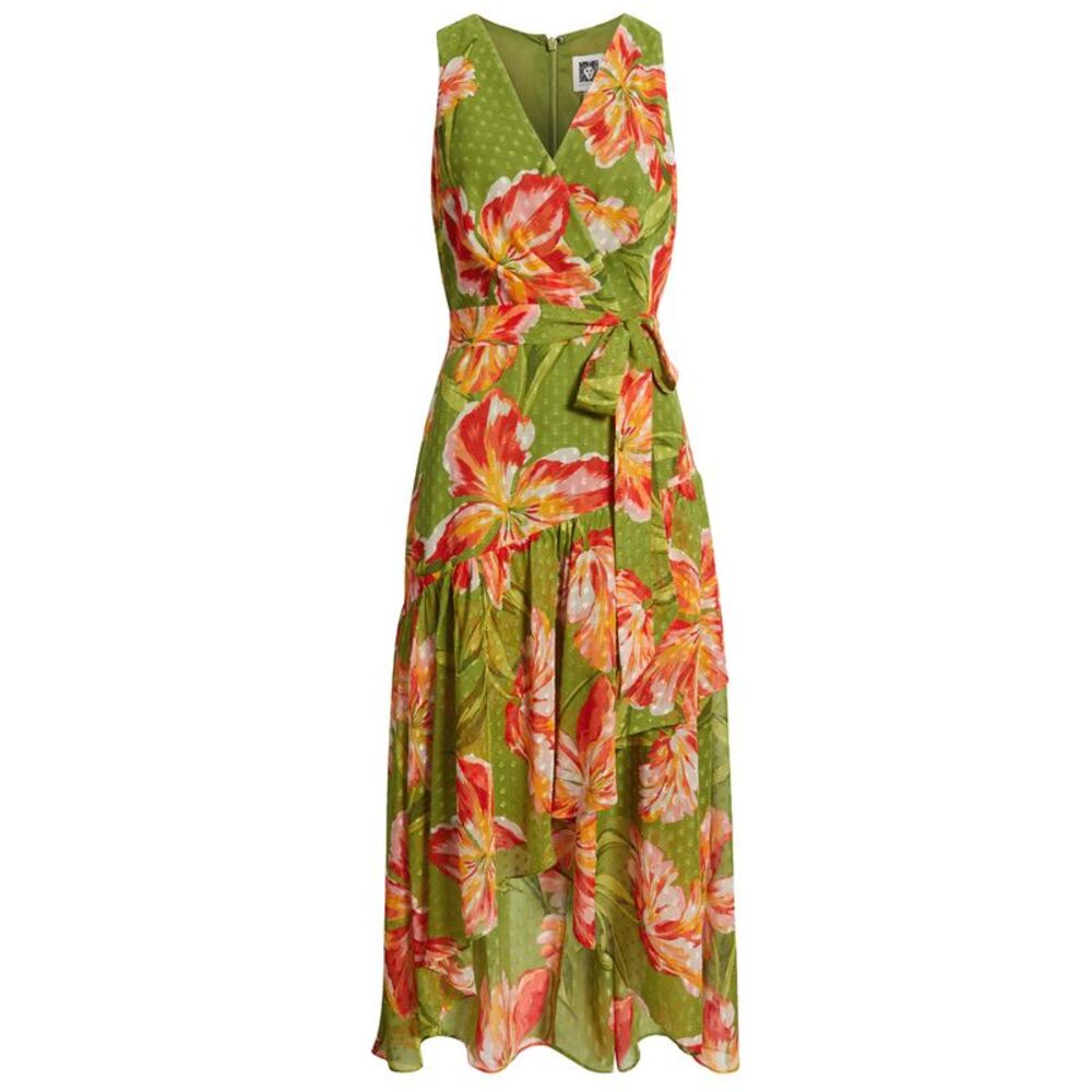Anne Klein Womens Floral Clip Dot Faux Wrap Midi Dress 4 Leafy Green - NWT $159